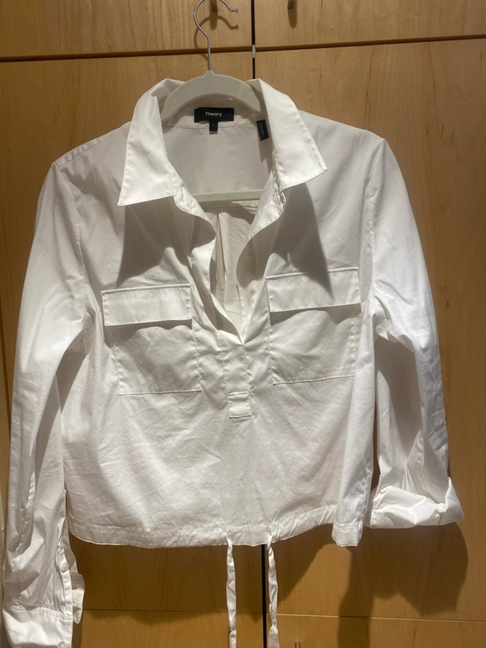 Theory White Drawstring Popover Blouse